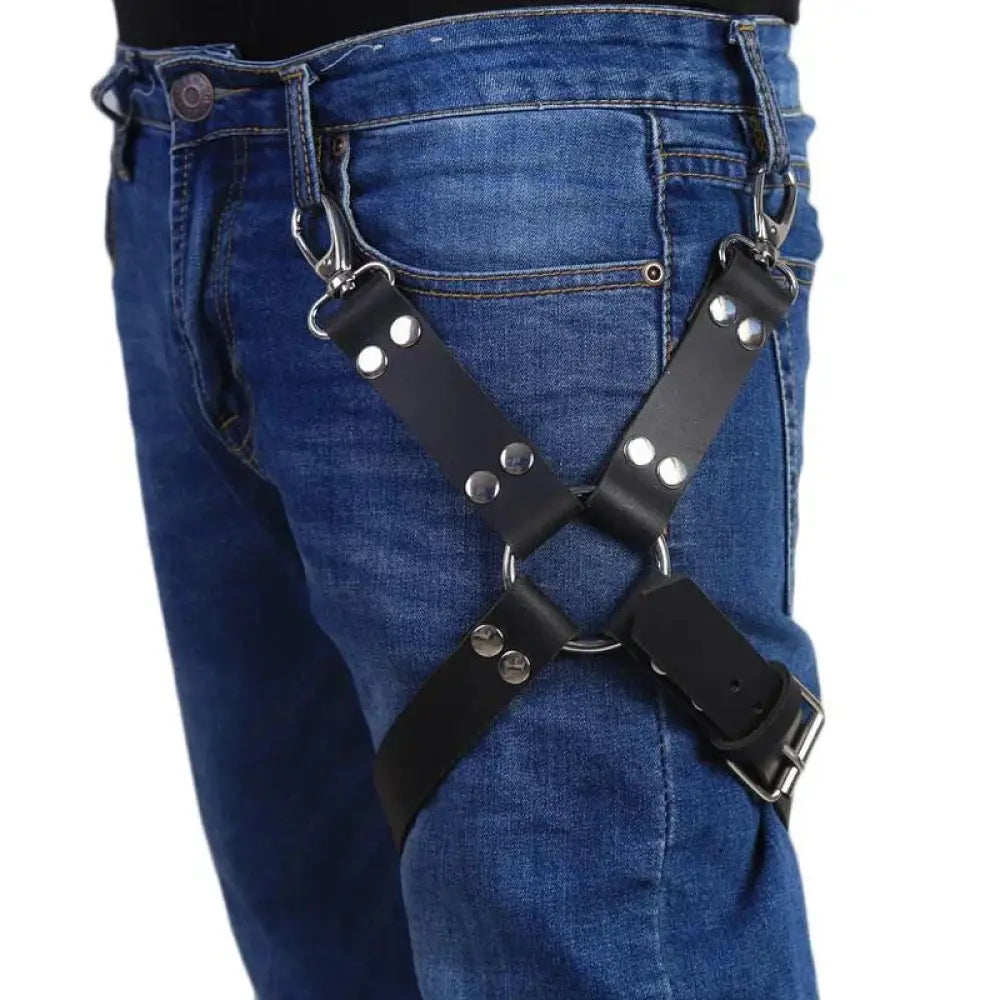 Adjustable Black Leather Hip Harness with Silver Hardware