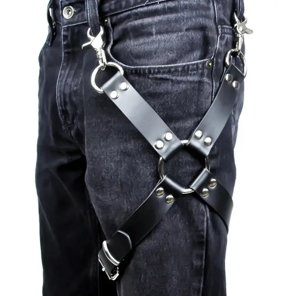 Adjustable Black Leather Hip Harness with Silver Hardware