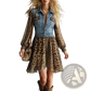 Leopard Print Chiffon Dress with Denim Vest Overlay