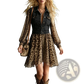 Leopard Print Chiffon Dress with Denim Vest Overlay