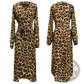 Leopard Print v Neck Long Sleeve Chiffon Wrap Dress