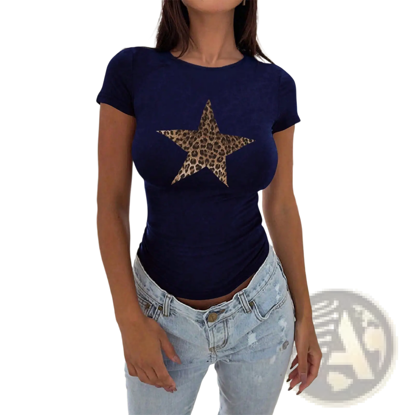 Leopard Star Slim Fit Short Sleeve Crop Top