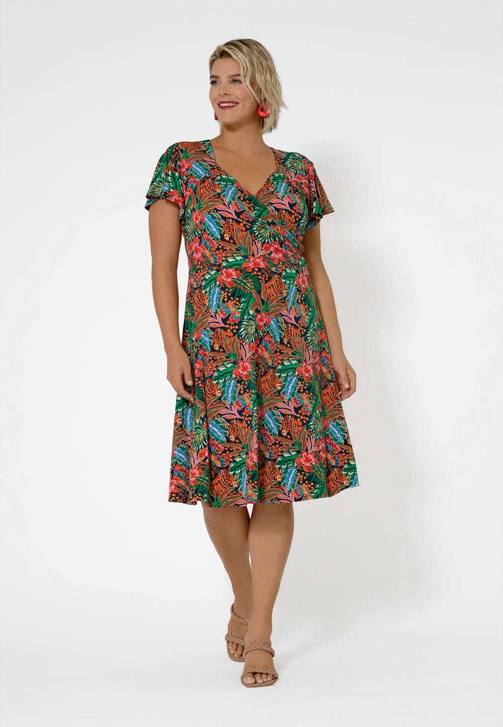 Vestido feminino Leota com mangas esvoaçantes e decote em coração, multicolorido