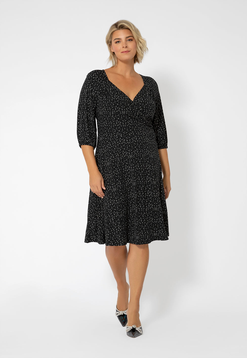 Vestido Becca com manga bufante e coração Leota feminino, preto, tamanho 2X
