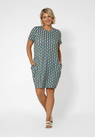 Vestido-camiseta de manga curta estampado feminino Leota Blue Radiance