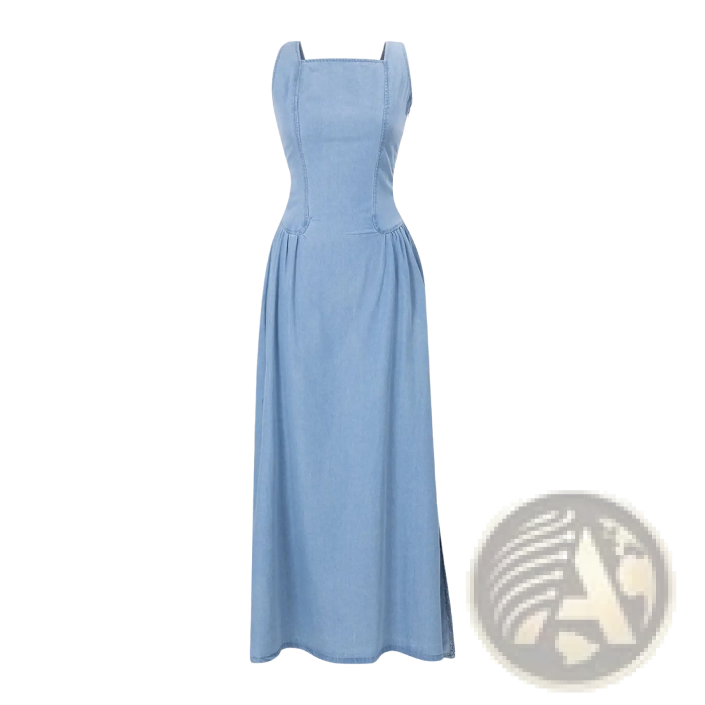 Light Blue Denim Square Neck Maxi Dress with Side Slit