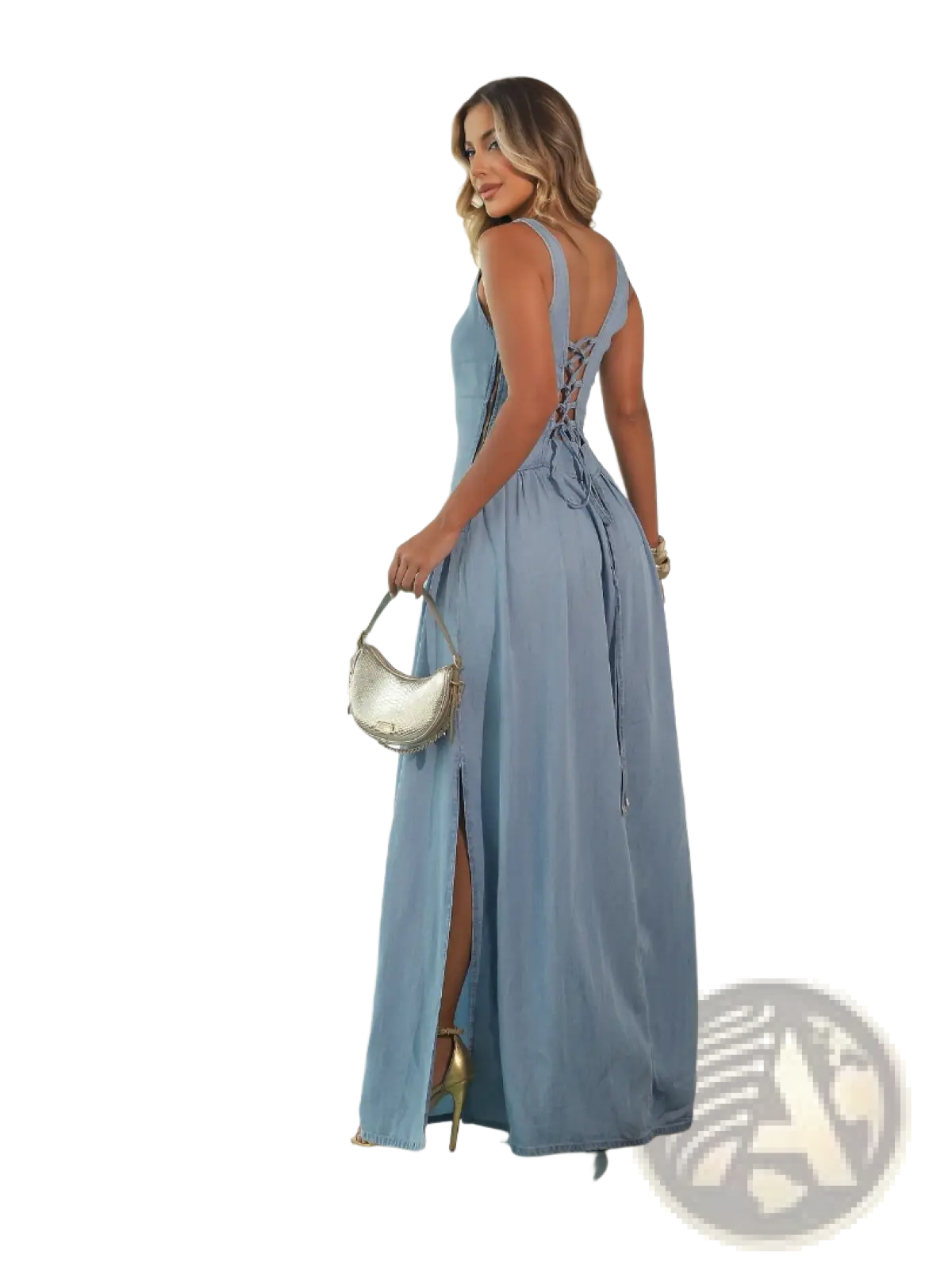 Light Blue Denim Square Neck Maxi Dress with Side Slit