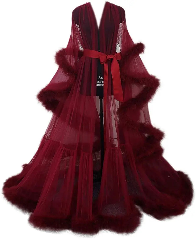 Luxurious Tulle and Fur Trim Bridal Robe Nightgown