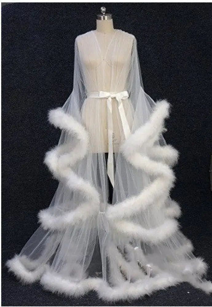 Luxurious Tulle and Fur Trim Bridal Robe Nightgown