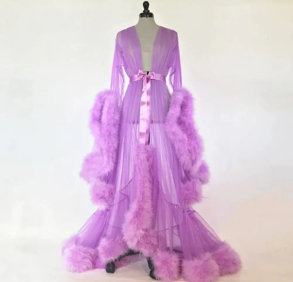 Luxurious Tulle and Fur Trim Bridal Robe Nightgown