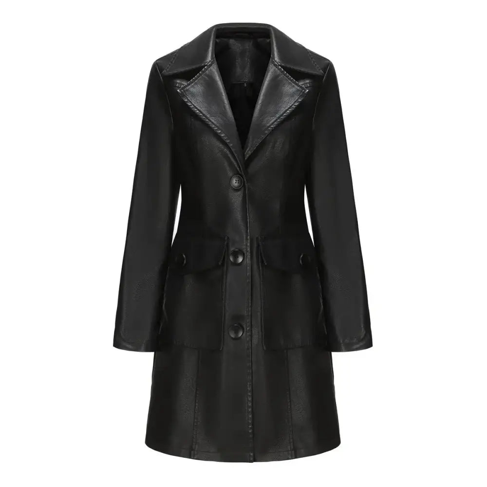 Women's Double Breasted Long Faux Leather Trench Coat