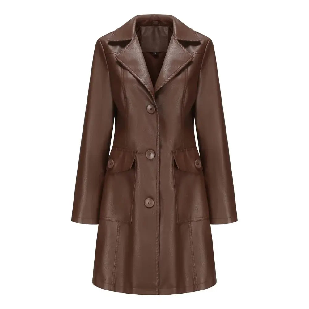 Women's Double Breasted Long Faux Leather Trench Coat