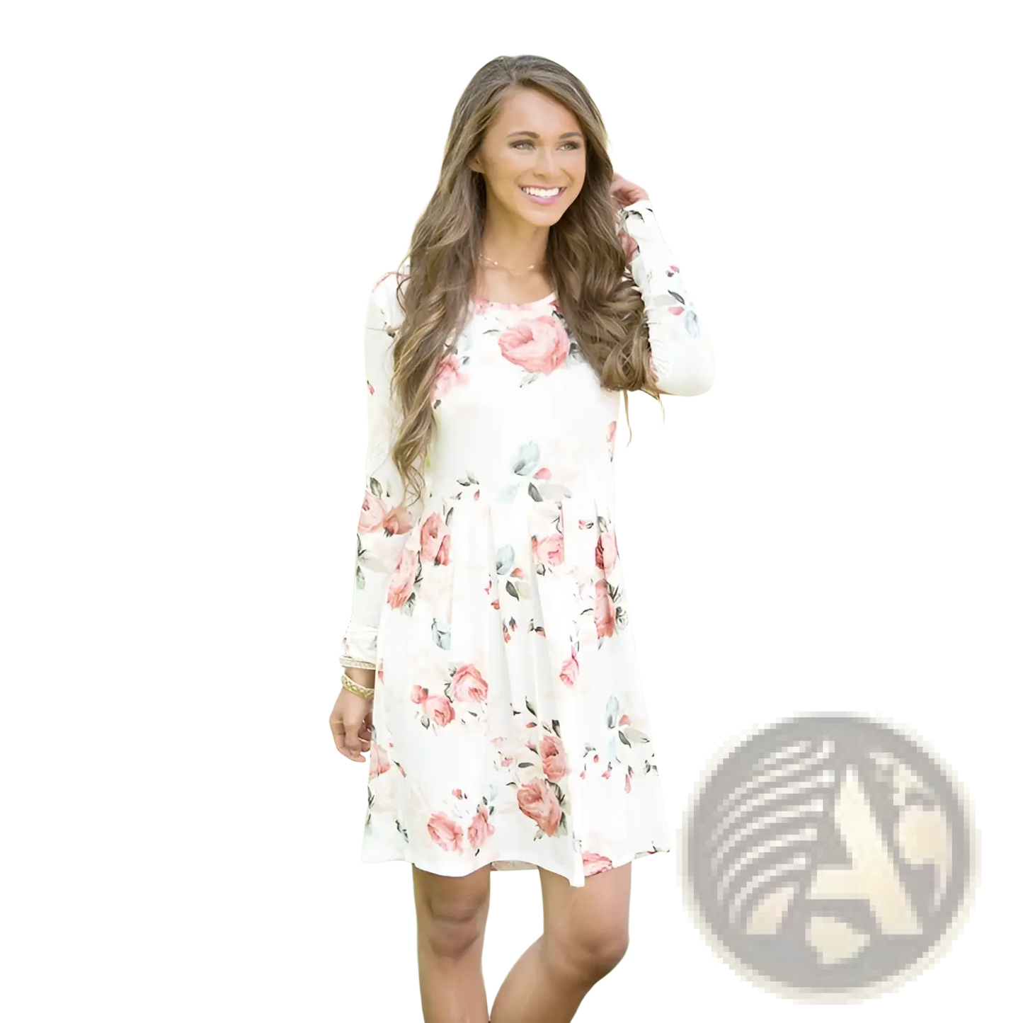 Long Sleeve Floral A-line High Waist Midi Dress