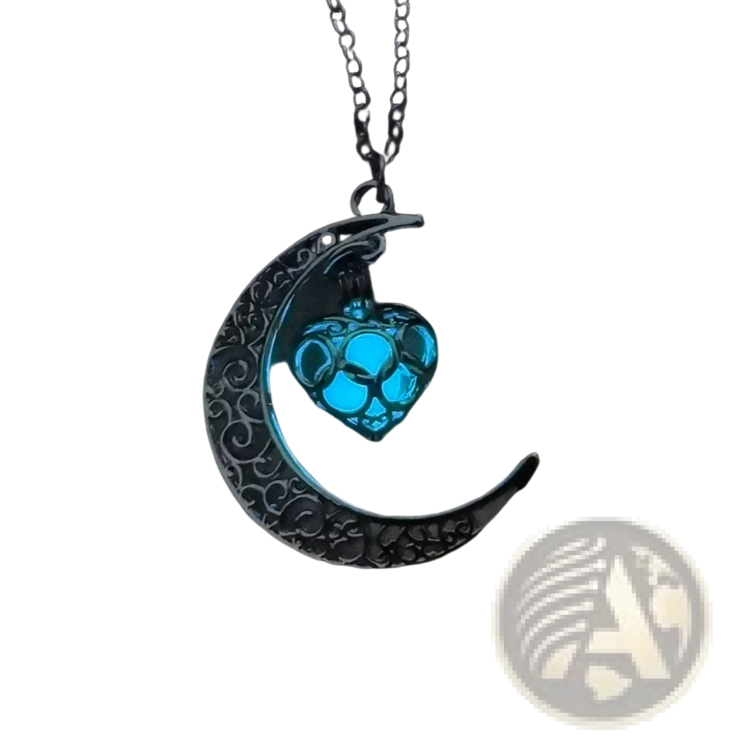 Luminous Heart and Filigree Crescent Moon Pendant Necklace