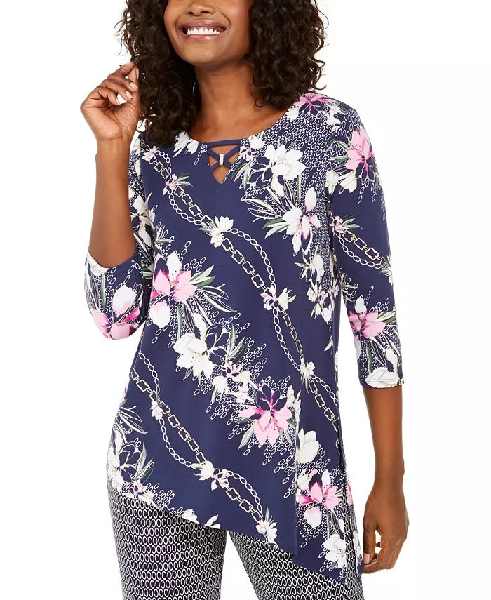 JM Collection Top assimétrico estampado feminino azul marinho tamanho X-S