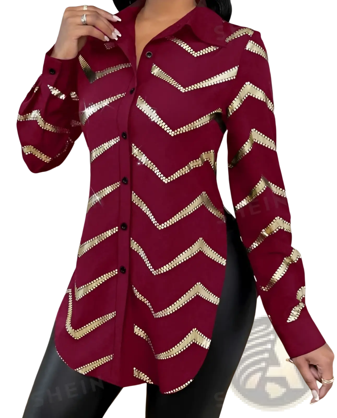 Lyxana Gold Sequin Zigzag Cinched Waist Blouse