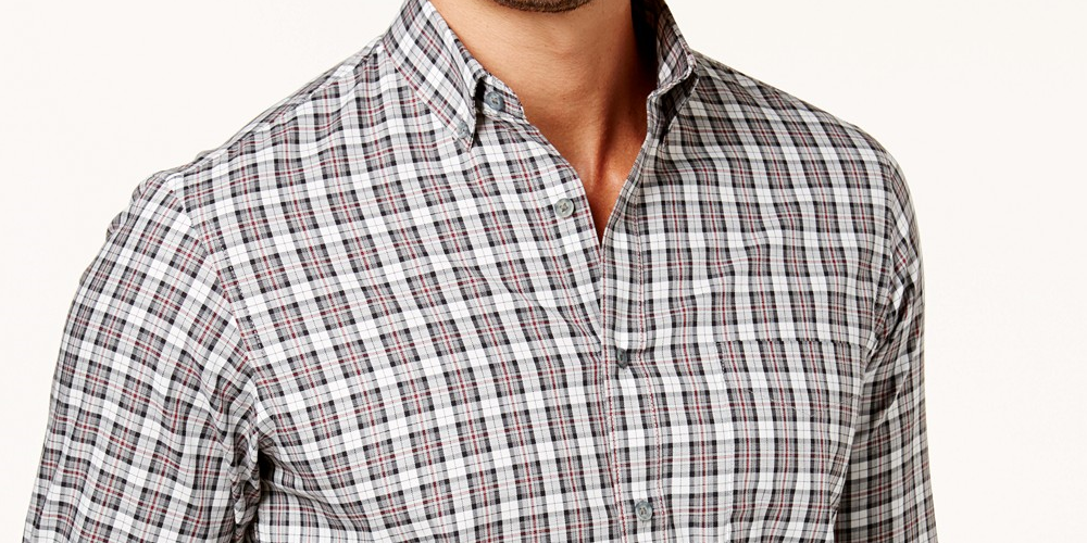 Camisa xadrez masculina Club Room com botões, cinza, tamanho 2, extra grande