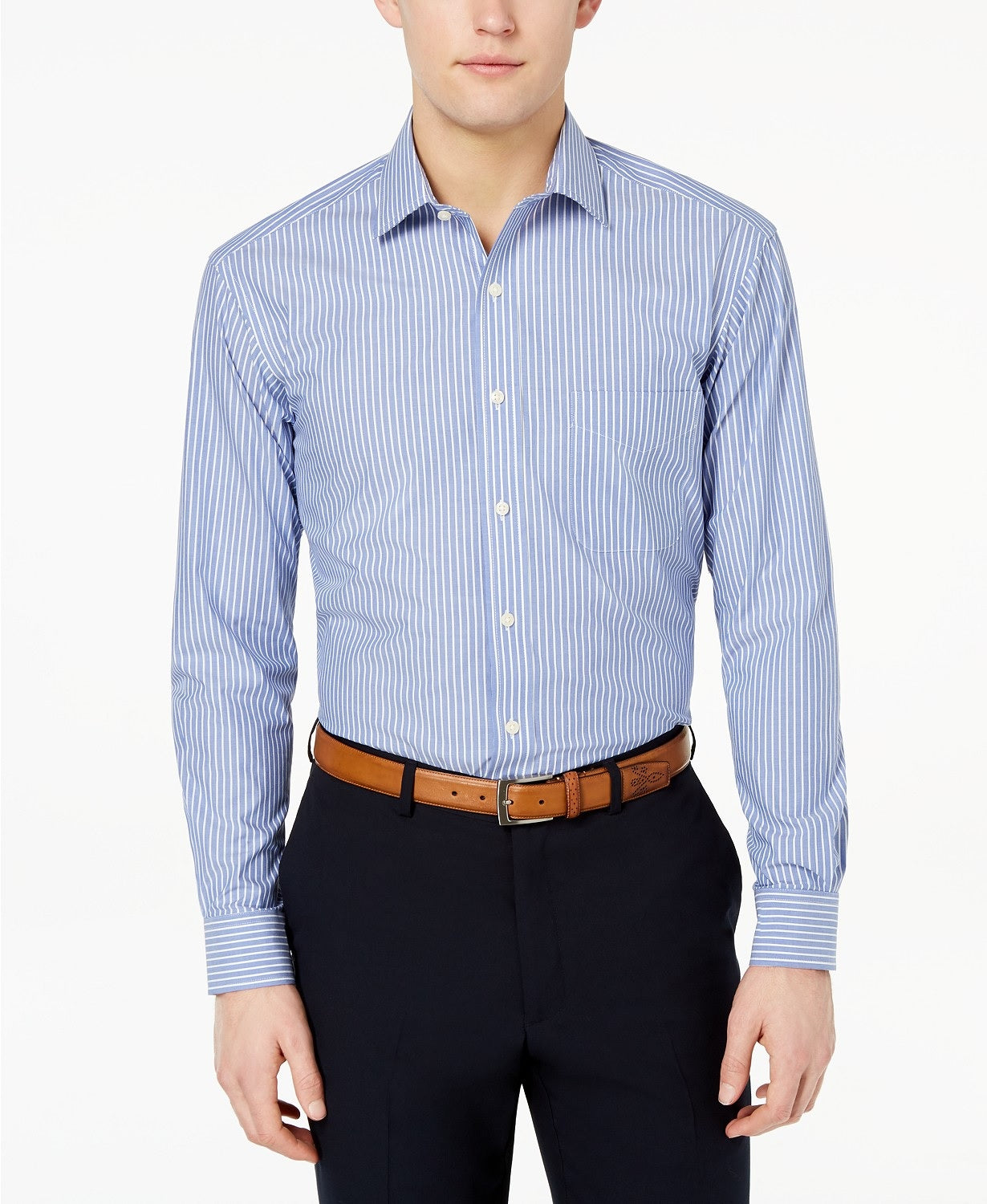Camisa social listrada masculina Club Room Regular Fit Azul Tamanho 18,5x34-35