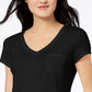 Camiseta feminina Maison Jules com decote em V e bolso aplicado, preta, tamanho grande