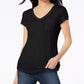 Camiseta feminina Maison Jules com decote em V e bolso aplicado, preta, tamanho pequeno
