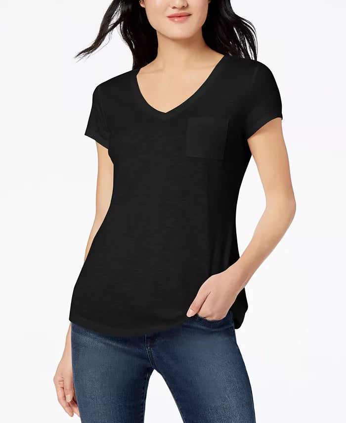Camiseta feminina Maison Jules com decote em V e bolso aplicado, preta, tamanho pequeno