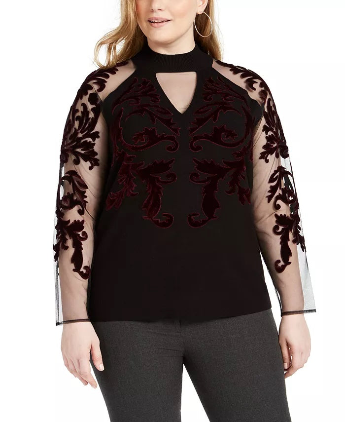 Suéter feminino de veludo flocado com manga de malha, preto, tamanho 2X, da INC International Concepts