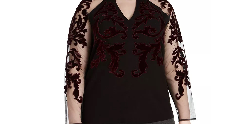 Suéter feminino de veludo flocado com manga de malha, preto, tamanho 2X, da INC International Concepts