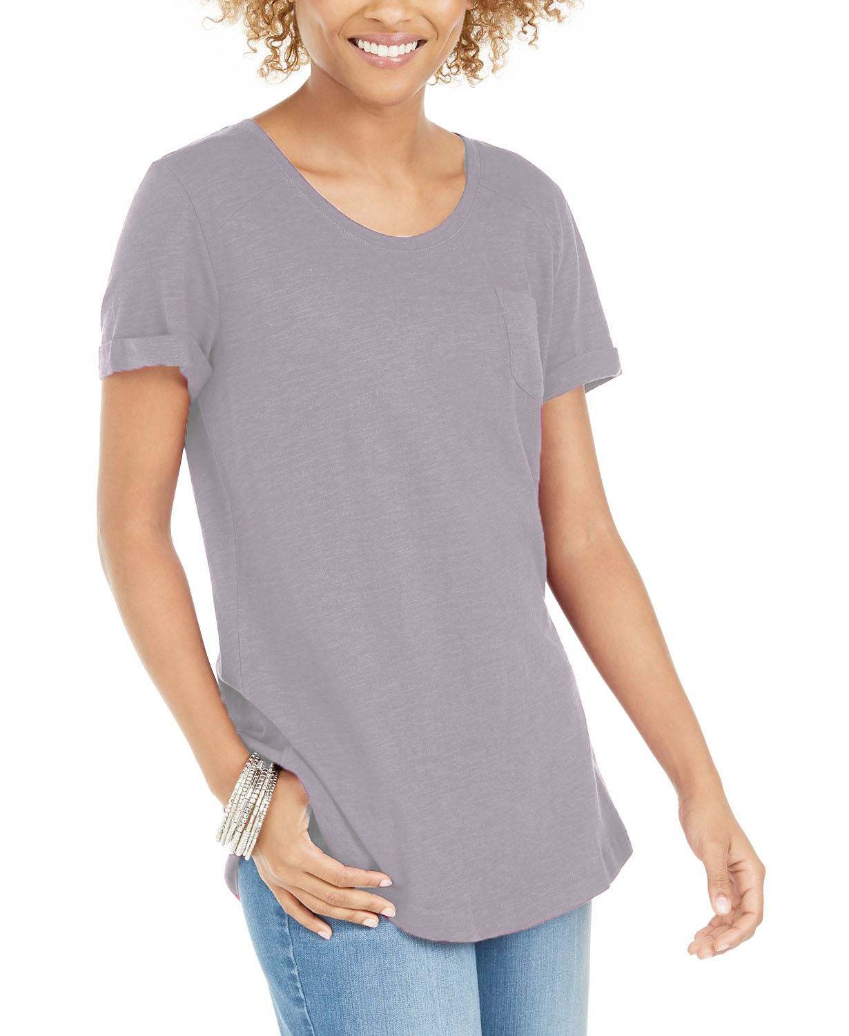 Camiseta feminina de algodão com gola redonda, tamanho grande, cinza, estilo &amp; co