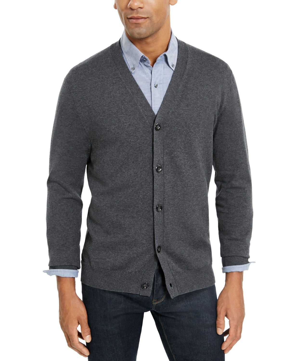 Cardigan masculino de malha com decote em V, cinza, tamanho médio
