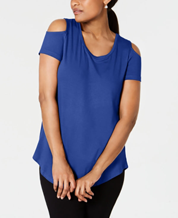 Camiseta feminina JM Collection com ombros descobertos e manga curta, azul, tamanho X-G