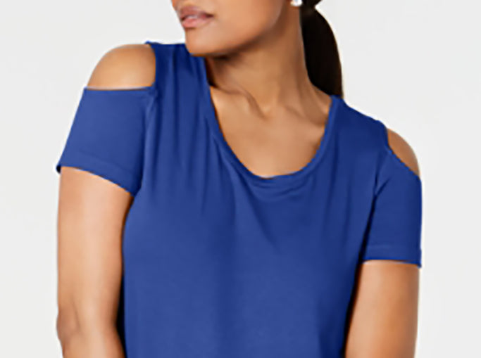 Camiseta feminina JM Collection com ombros descobertos e manga curta, azul, tamanho X-G