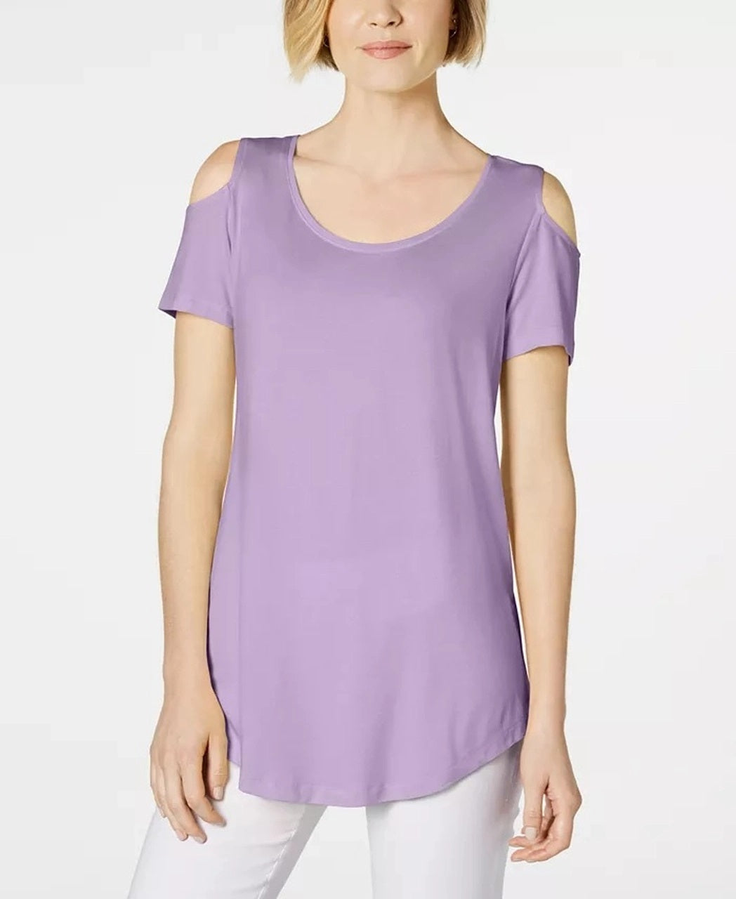 Camiseta feminina JM Collection com ombros descobertos e manga curta, roxa, tamanho pequeno
