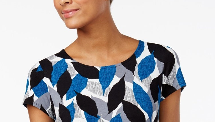 Camiseta feminina estampada Alfani, azul-petróleo, texto, folhas, tamanho pequeno