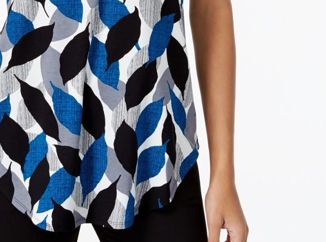 Camiseta feminina estampada Alfani, azul-petróleo, texto, folhas, tamanho pequeno