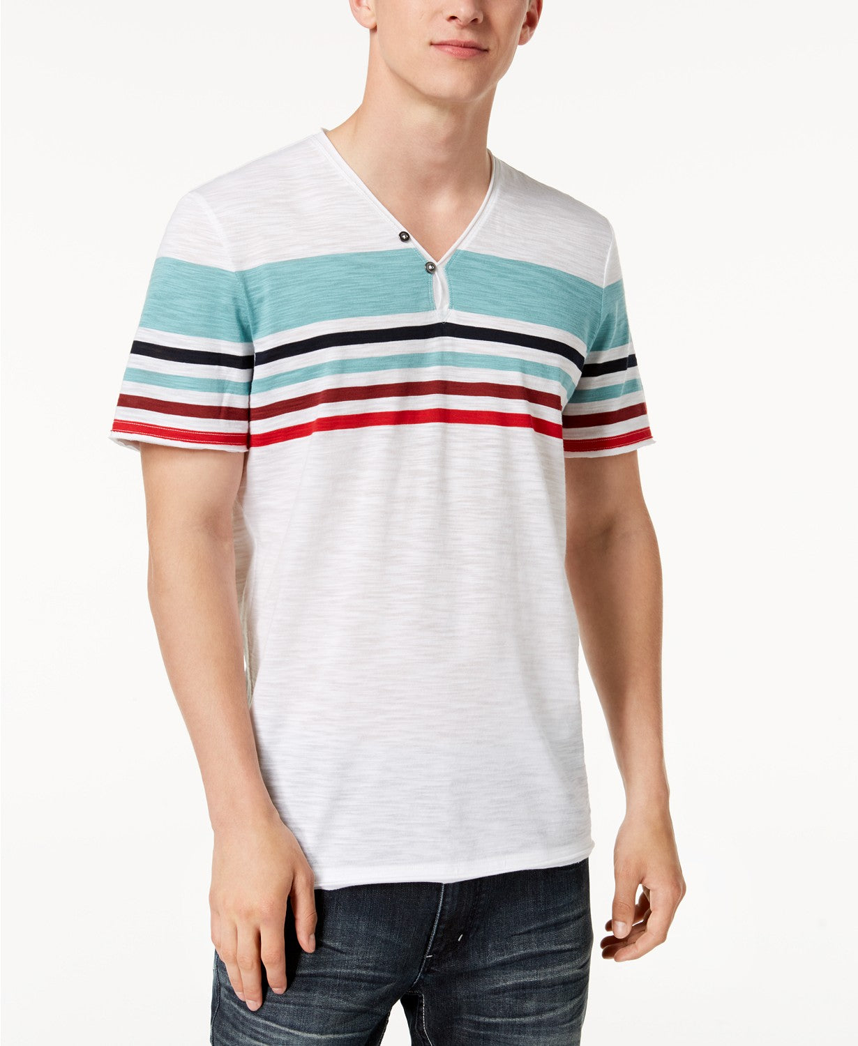 Camiseta listrada masculina INC International Concepts com gola dividida, tamanho pequeno, branca