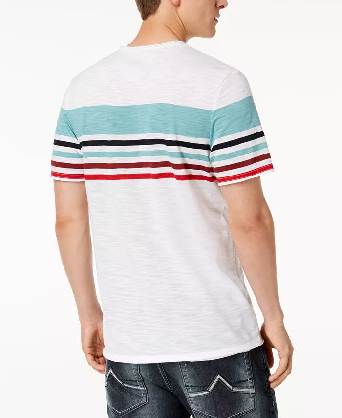 Camiseta listrada masculina INC International Concepts com gola dividida, tamanho pequeno, branca