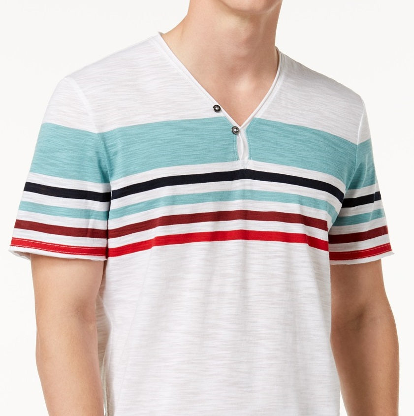 Camiseta listrada masculina INC International Concepts com gola dividida, tamanho pequeno, branca