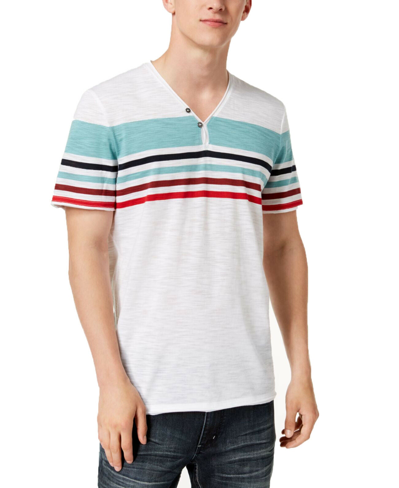 Camiseta listrada masculina com gola dividida da INC International Concepts, branca, tamanho XXL
