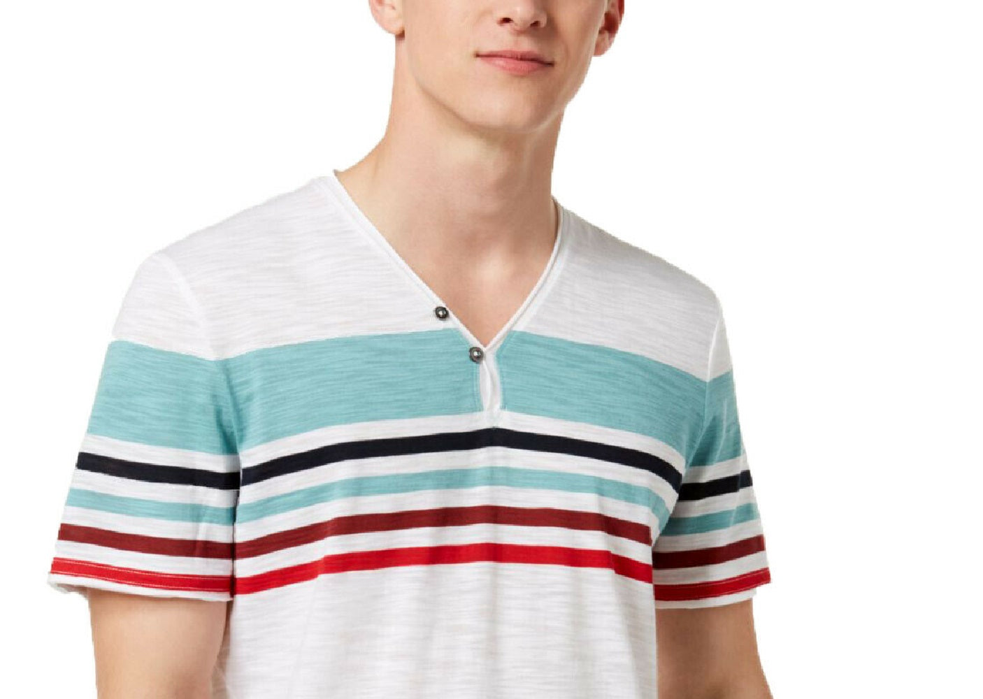 Camiseta listrada masculina com gola dividida da INC International Concepts, branca, tamanho XXL