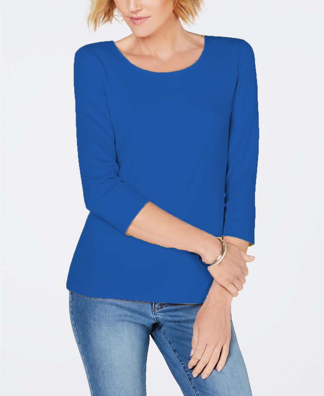 Blusa feminina Karen Scott de algodão com manga 3/4, azul, tamanho pequeno