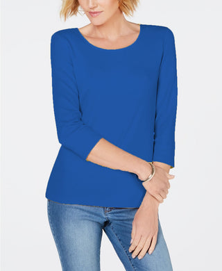 Blusa feminina Karen Scott de algodão com manga 3/4, azul, tamanho pequeno
