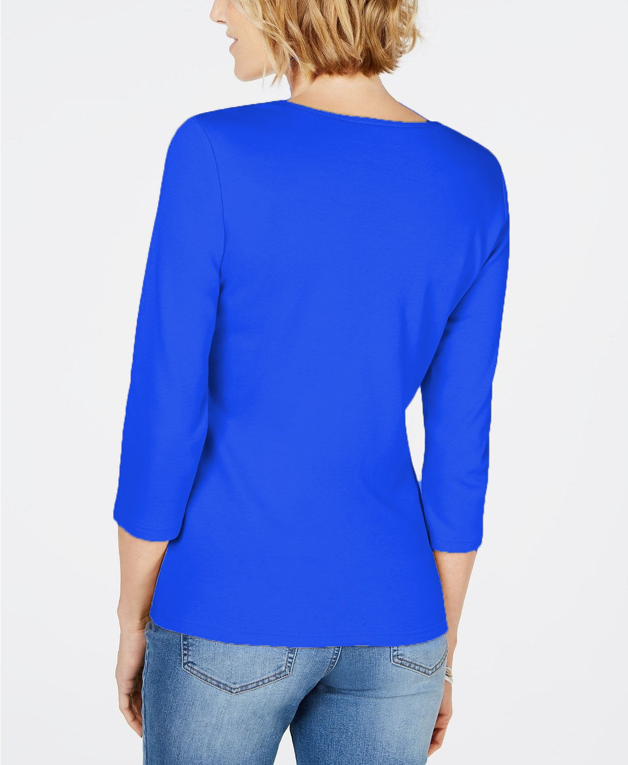 Blusa feminina Karen Scott de algodão com manga 3/4, azul, tamanho pequeno
