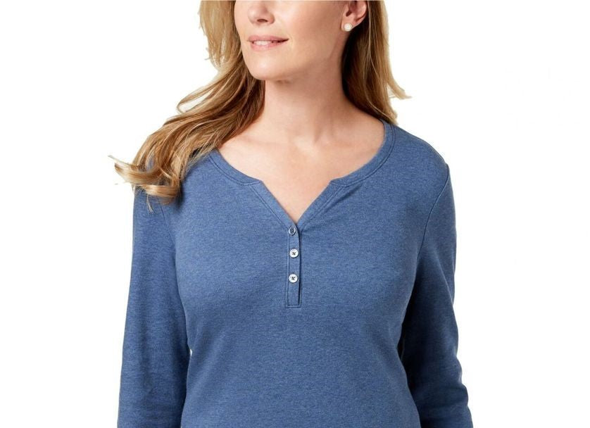 Karen Scott Top Henley de Algodão Feminino Azul Tamanho Extra Grande