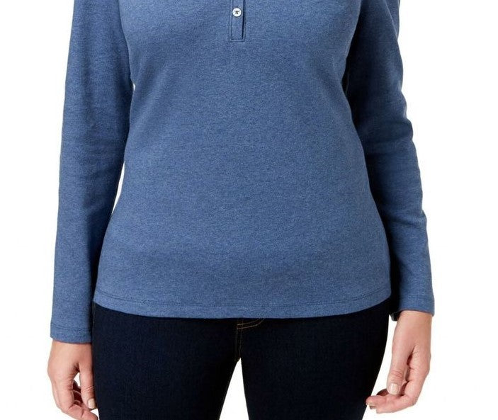 Karen Scott Top Henley de Algodão Feminino Azul Tamanho Extra Grande