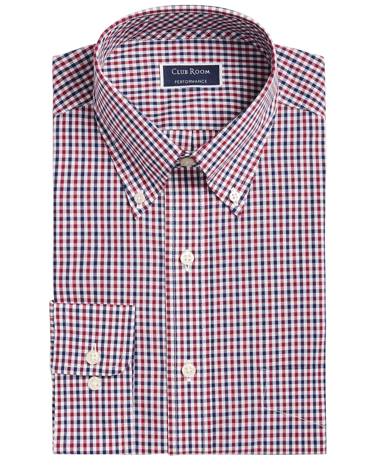 Camisa social masculina Club Room Regular Fit Gingham Check Performance, tamanho vinho, 34-35