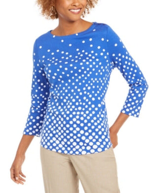 Charter Club Women's Pima Cotton Button-Shoulder Print Top  Modern Blue Cmb Size Medium