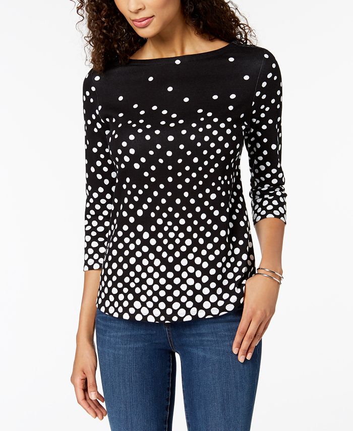 Charter Club Petite Pima Cotton Women's Top com estampa de botões e ombros, preto, tamanho pequeno