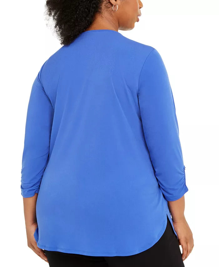 JM Collection Top Plus Size Feminino com Zíper e Estampa Sólida Azul Tamanho 1X
