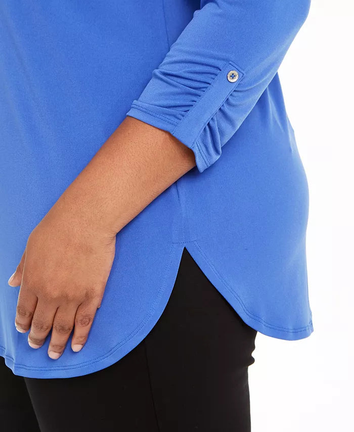 JM Collection Top Plus Size Feminino com Zíper e Estampa Sólida Azul Tamanho 1X