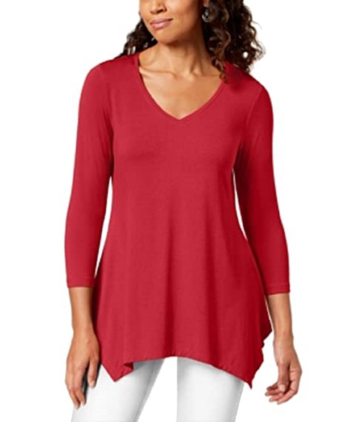 JM Women's Collection Top com decote em V e bainha em lenço, vermelho, tamanho extra pequeno